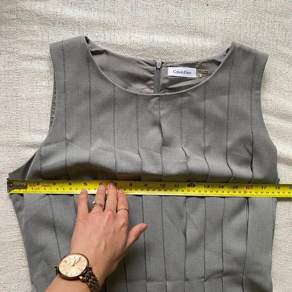 CALVIN Klein Gray Pleated Sleeveless Belted Fit & Flare Dress Size 12 - Picture 13 of 15